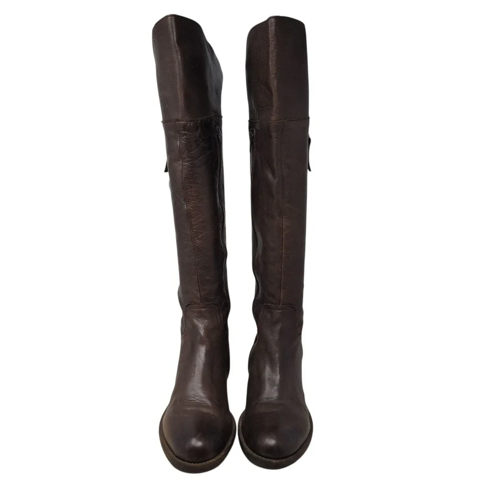 Womens Leather Riding Boots 41 Brown Knee High Side Zip Block Heel Made Portugal